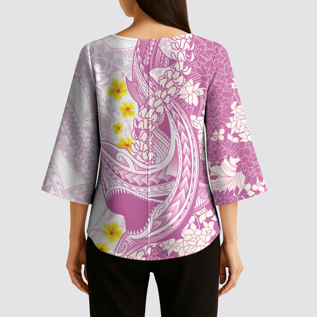 Purple Hawaii Shark Tattoo Kimono Sleeve Blouse Puakenikeni Lei Plumeria Polynesian Pattern