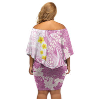 Purple Hawaii Shark Tattoo Off Shoulder Short Dress Puakenikeni Lei Plumeria Polynesian Pattern LT14 - Polynesian Pride