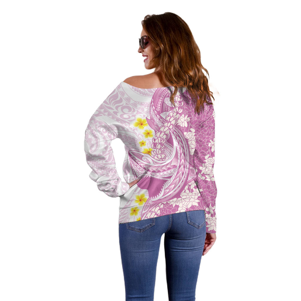 Purple Hawaii Shark Tattoo Off Shoulder Sweater Puakenikeni Lei Plumeria Polynesian Pattern