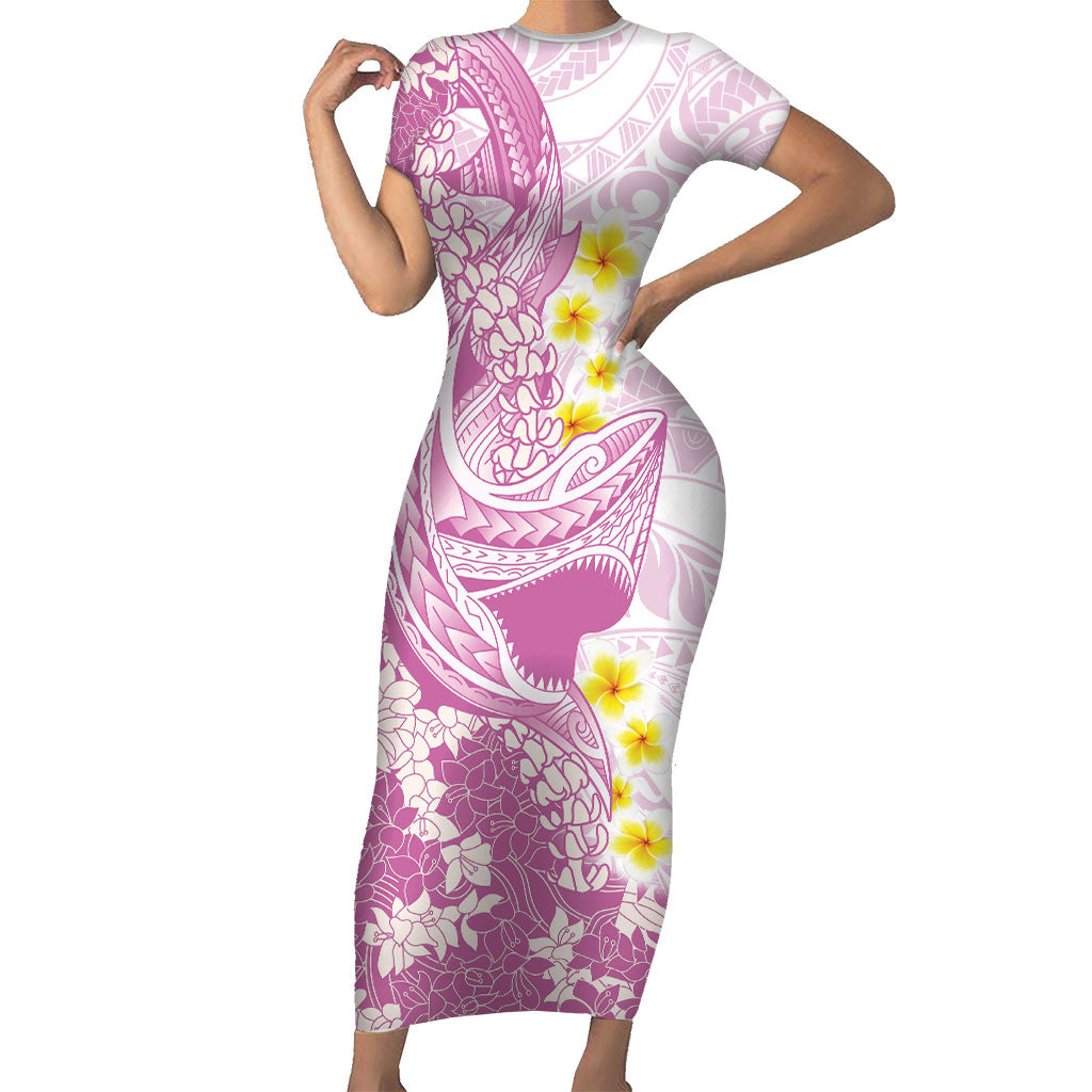 Purple Hawaii Shark Tattoo Short Sleeve Bodycon Dress Puakenikeni Lei Plumeria Polynesian Pattern LT14 Long Dress Purple - Polynesian Pride