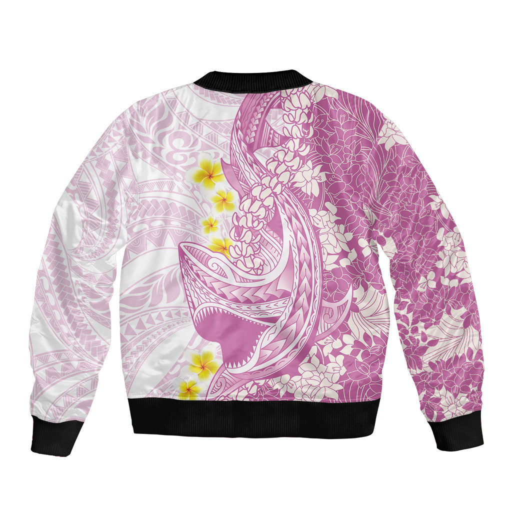 Purple Hawaii Shark Tattoo Sleeve Zip Bomber Jacket Puakenikeni Lei Plumeria Polynesian Pattern