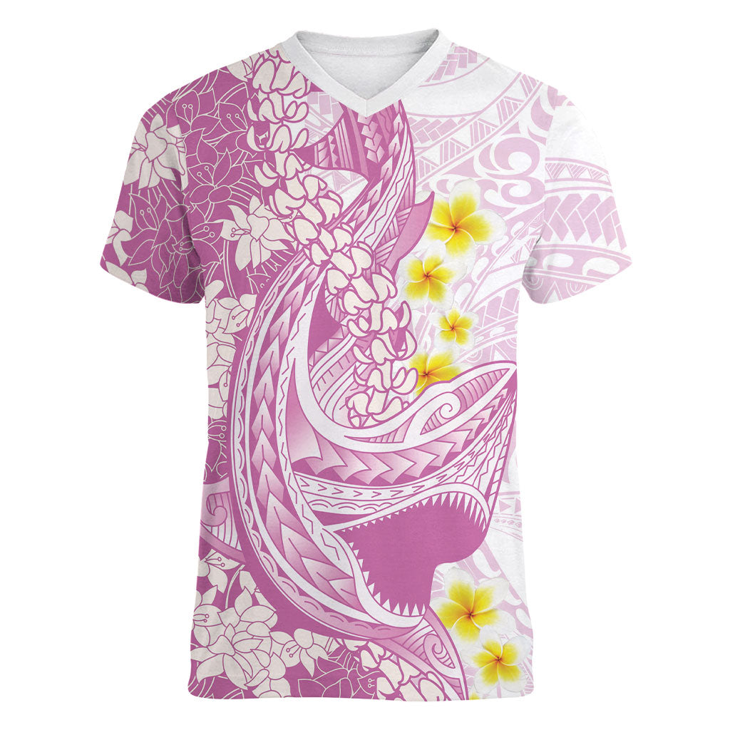 Purple Hawaii Shark Tattoo Women V-Neck T-Shirt Puakenikeni Lei Plumeria Polynesian Pattern LT14 Female Purple - Polynesian Pride