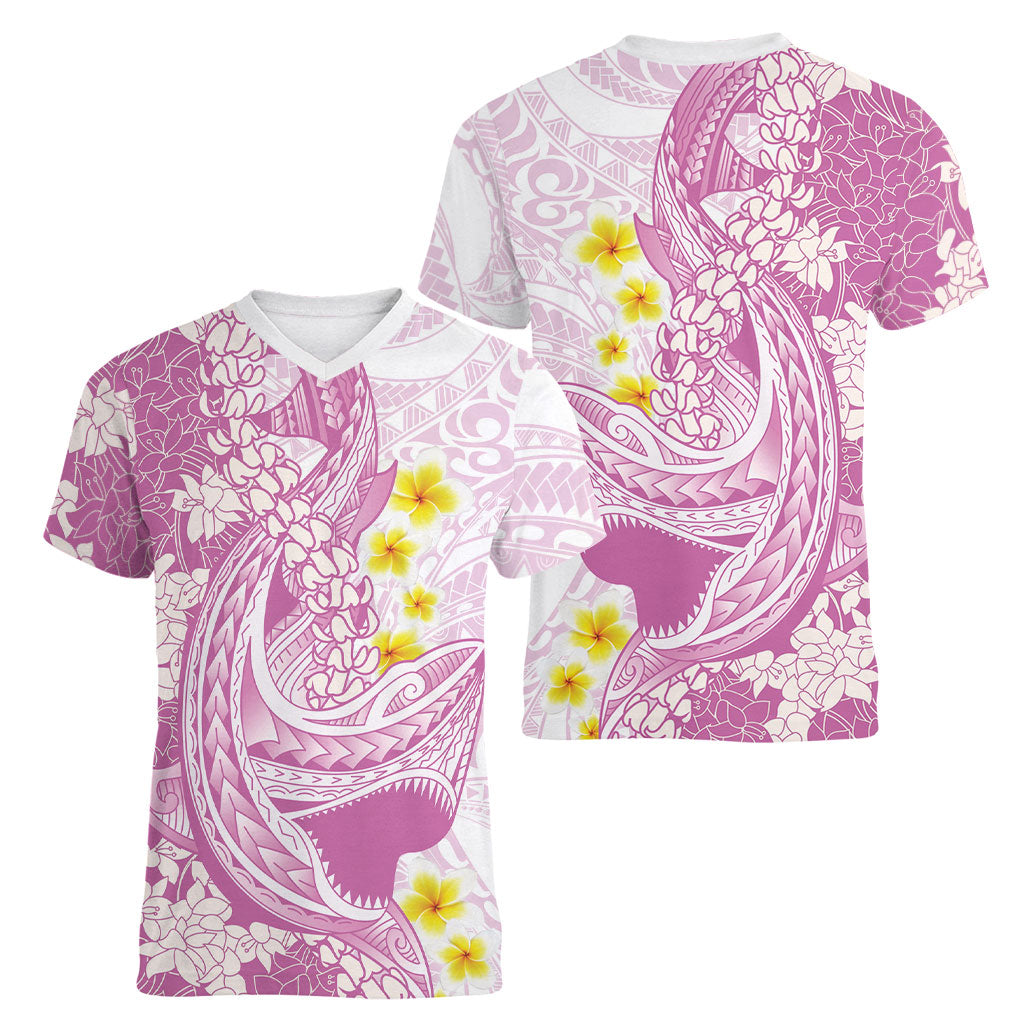 Purple Hawaii Shark Tattoo Women V-Neck T-Shirt Puakenikeni Lei Plumeria Polynesian Pattern LT14 - Polynesian Pride
