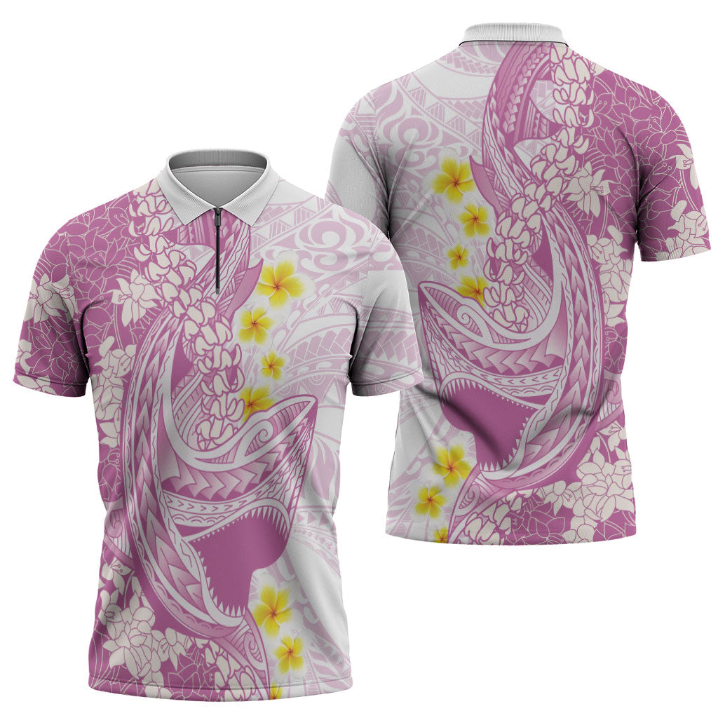 Purple Hawaii Shark Tattoo Zipper Polo Shirt Puakenikeni Lei Plumeria Polynesian Pattern LT14 - Polynesian Pride