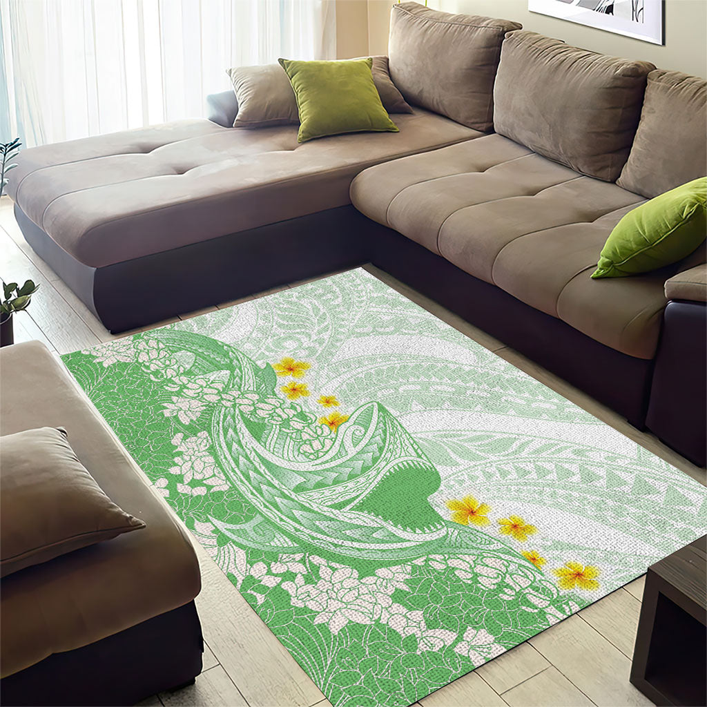 Green Hawaii Shark Tattoo Area Rug Puakenikeni Lei Plumeria Polynesian Pattern