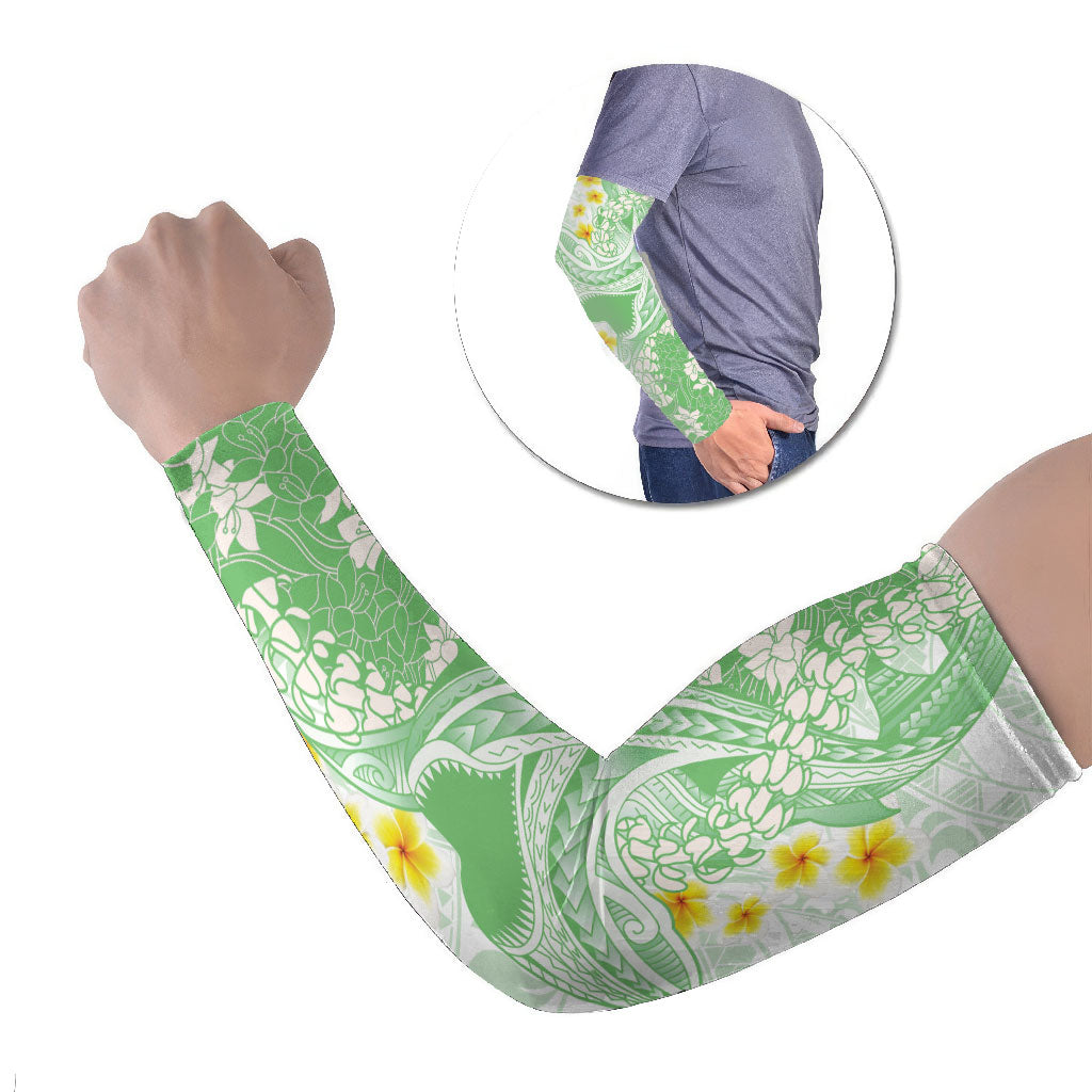 Green Hawaii Shark Tattoo Arm Sleeves Puakenikeni Lei Plumeria Polynesian Pattern LT14 Set of 2 Green - Polynesian Pride