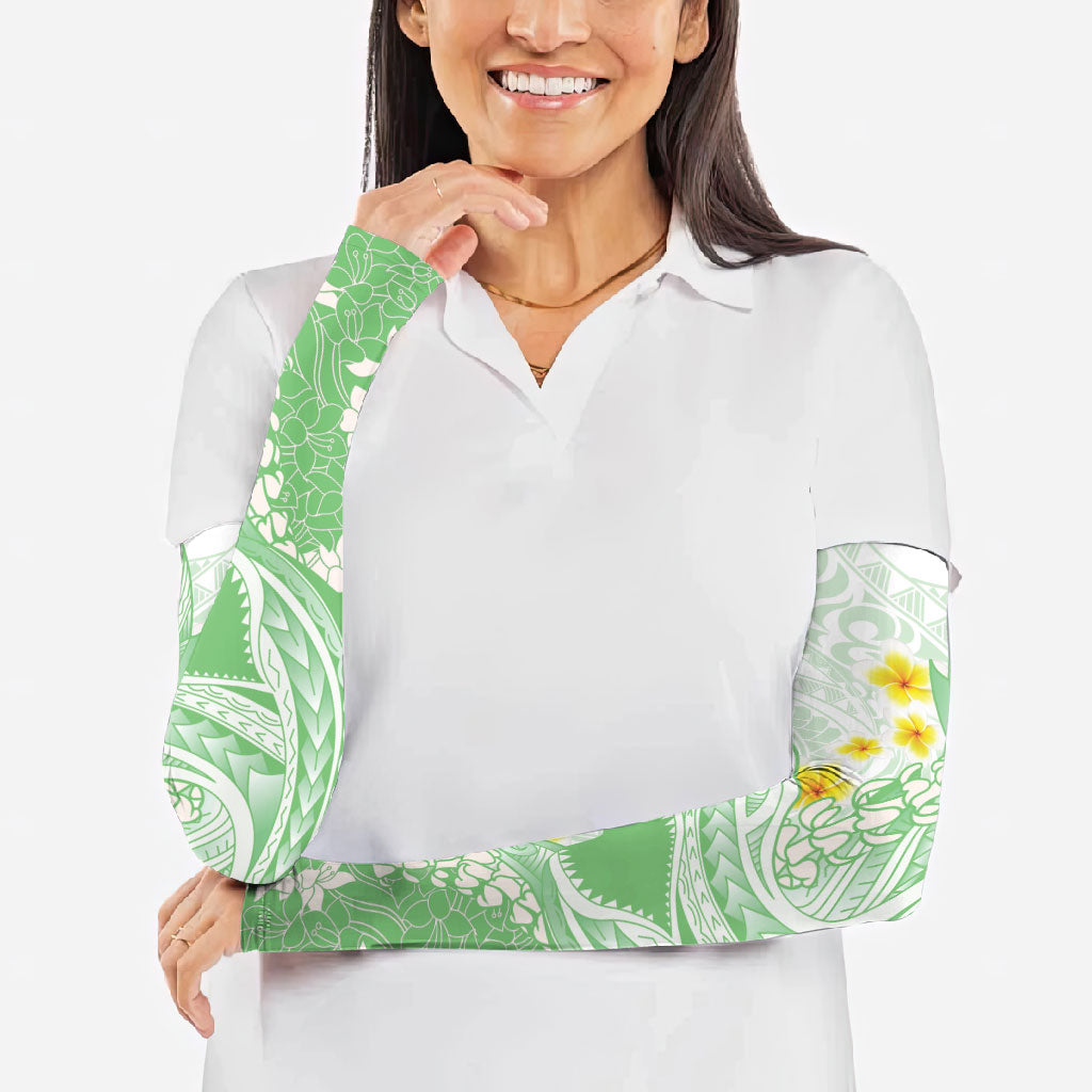 Green Hawaii Shark Tattoo Arm Sleeves Puakenikeni Lei Plumeria Polynesian Pattern LT14 - Polynesian Pride