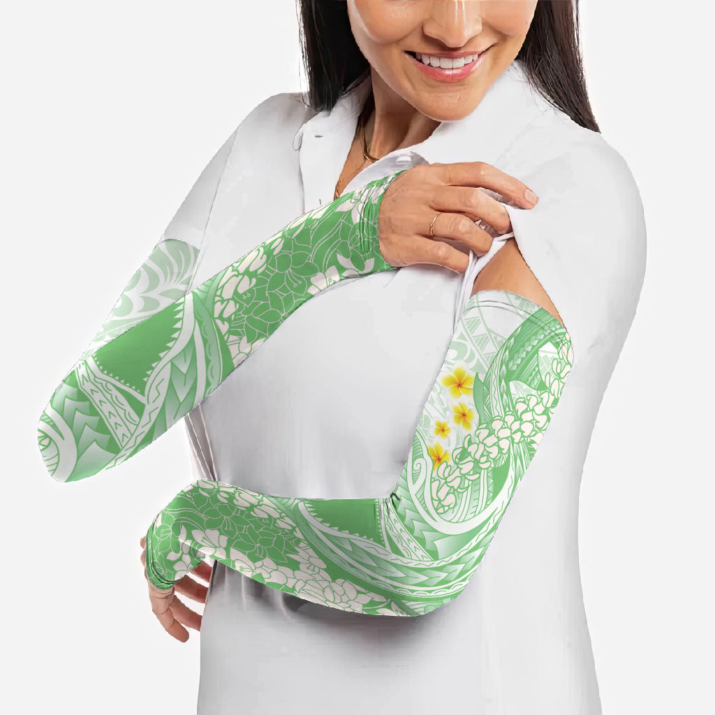 Green Hawaii Shark Tattoo Arm Sleeves Puakenikeni Lei Plumeria Polynesian Pattern LT14 - Polynesian Pride