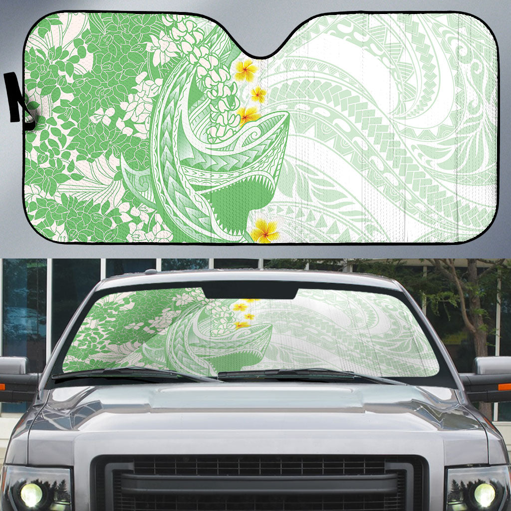 Green Hawaii Shark Tattoo Auto Sun Shade Puakenikeni Lei Plumeria Polynesian Pattern LT14 Green - Polynesian Pride