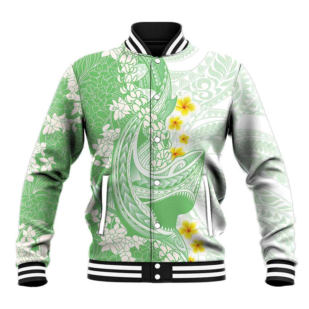 Green Hawaii Shark Tattoo Baseball Jacket Puakenikeni Lei Plumeria Polynesian Pattern