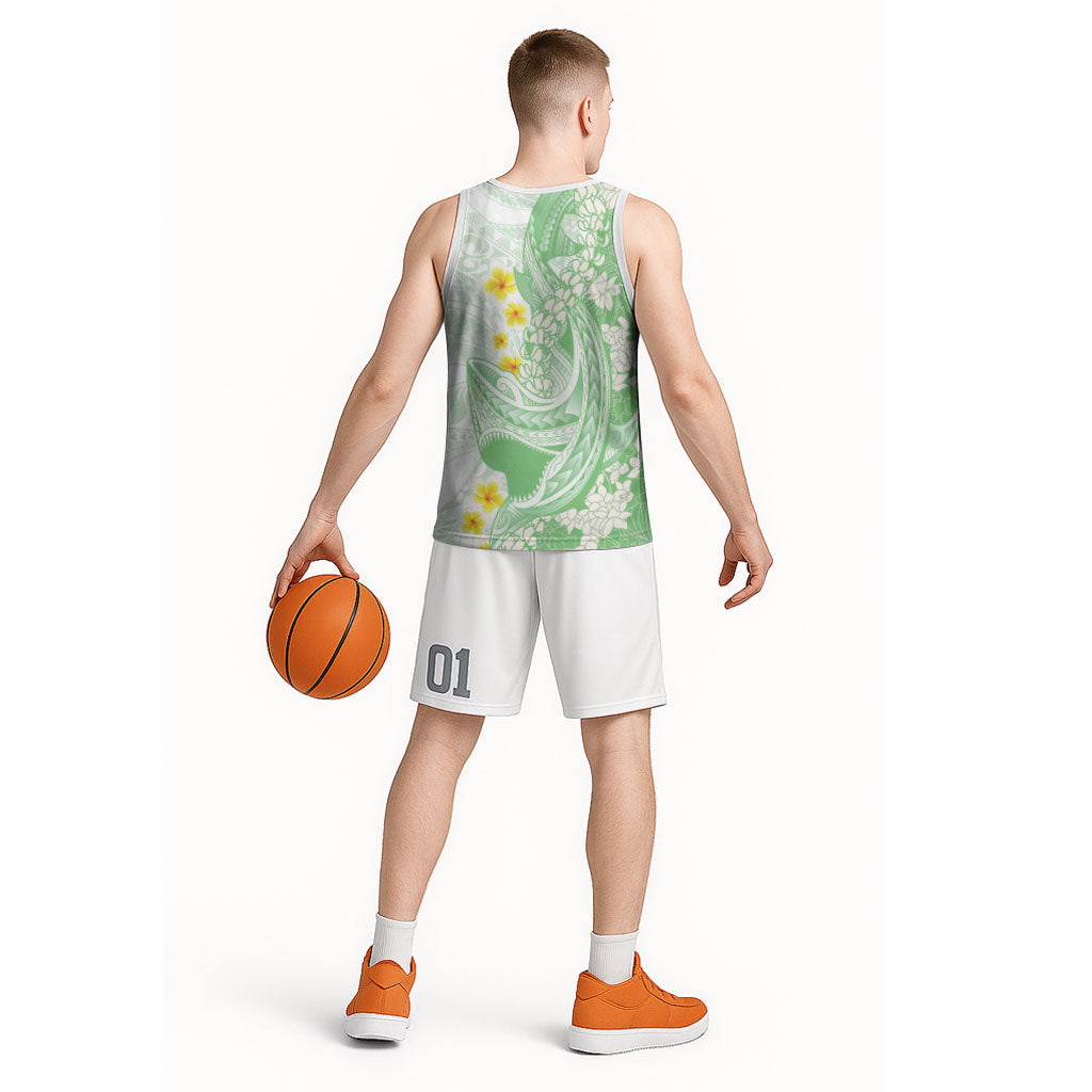 Green Hawaii Shark Tattoo Basketball Jersey Puakenikeni Lei Plumeria Polynesian Pattern