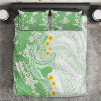 Green Hawaii Shark Tattoo Bedding Set Puakenikeni Lei Plumeria Polynesian Pattern