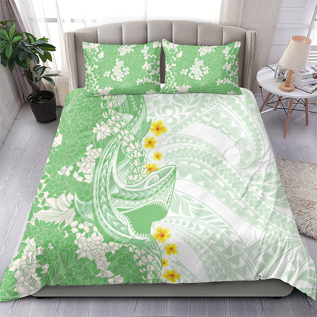 Green Hawaii Shark Tattoo Bedding Set Puakenikeni Lei Plumeria Polynesian Pattern