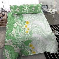Green Hawaii Shark Tattoo Bedding Set Puakenikeni Lei Plumeria Polynesian Pattern