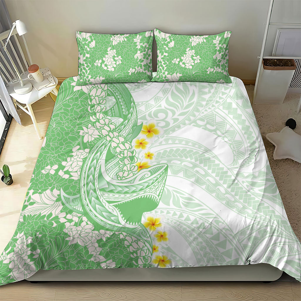 Green Hawaii Shark Tattoo Bedding Set Puakenikeni Lei Plumeria Polynesian Pattern