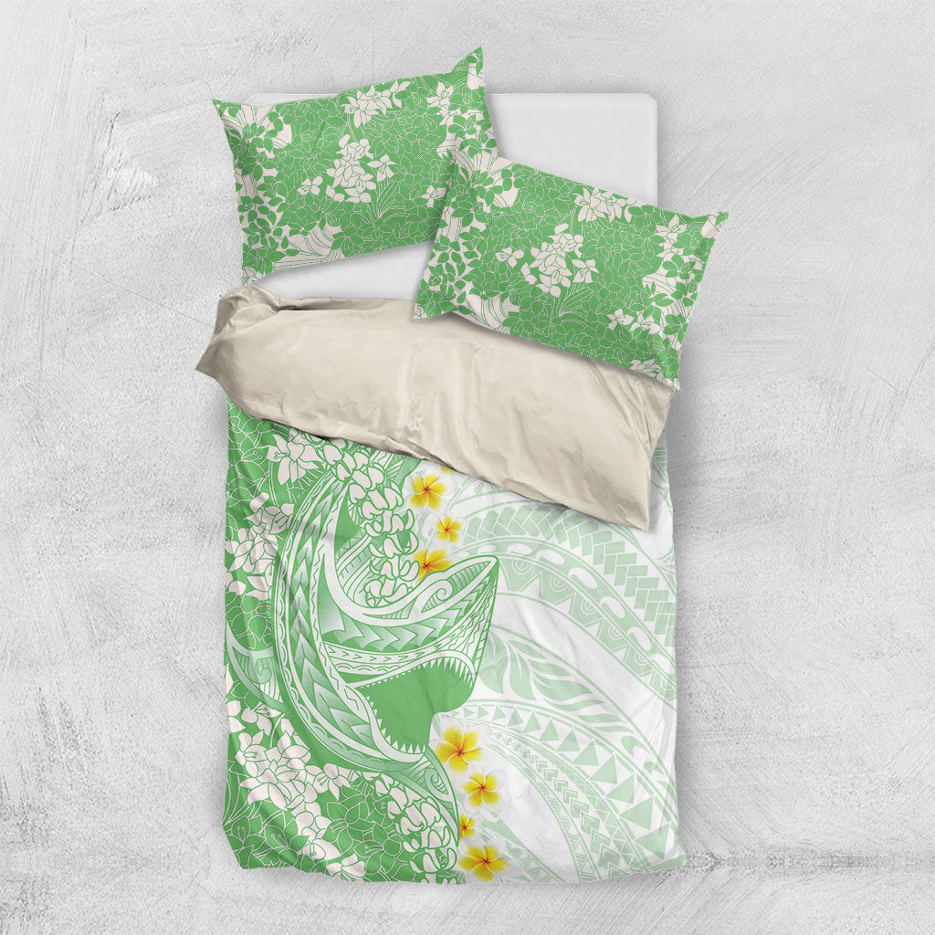 Green Hawaii Shark Tattoo Bedding Set Puakenikeni Lei Plumeria Polynesian Pattern