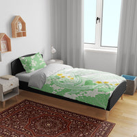 Green Hawaii Shark Tattoo Bedding Set Puakenikeni Lei Plumeria Polynesian Pattern