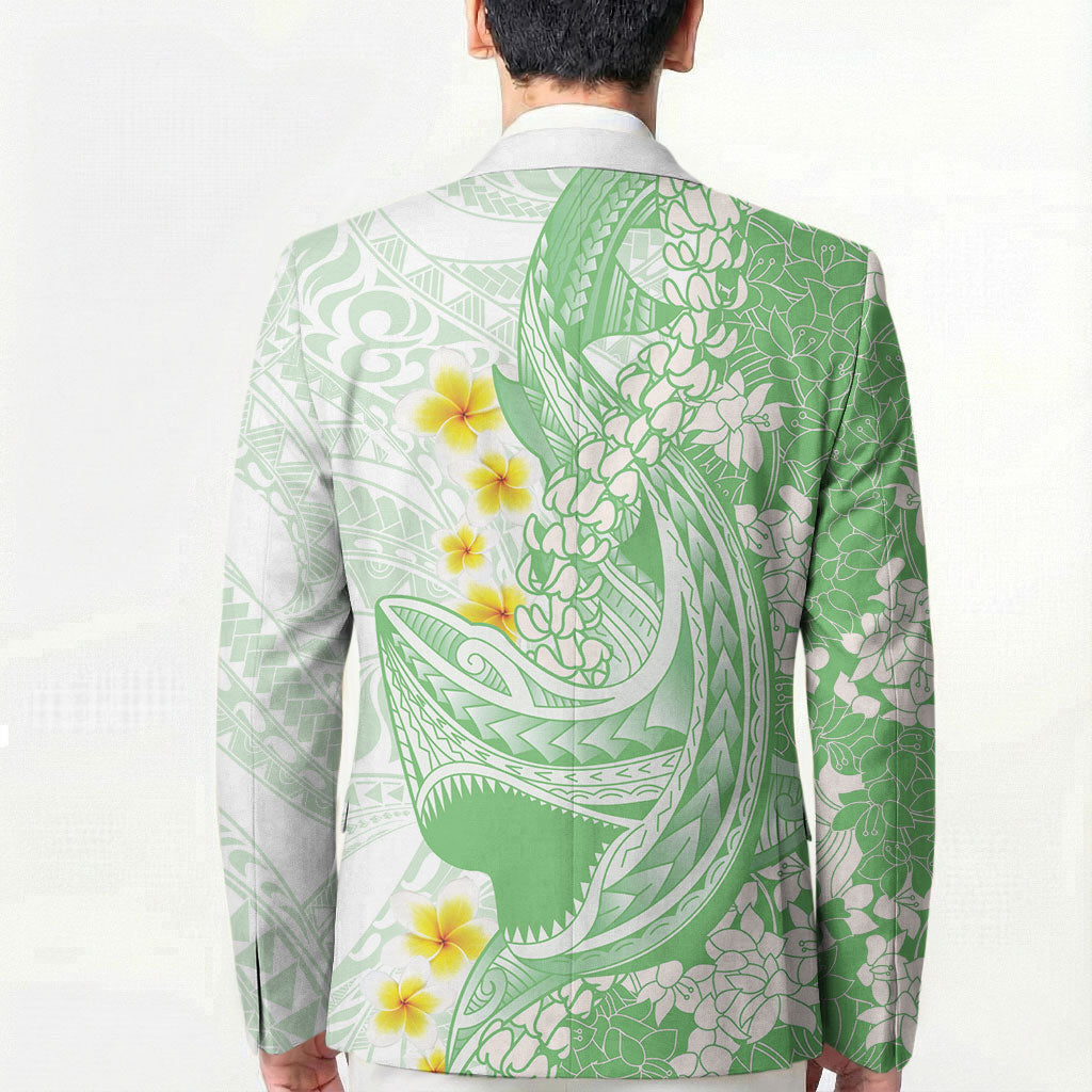 Green Hawaii Shark Tattoo Blazer Puakenikeni Lei Plumeria Polynesian Pattern