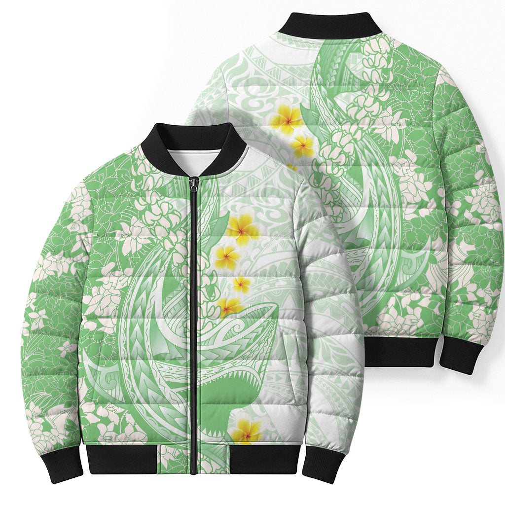 Green Hawaii Shark Tattoo Bomber Puffer Jacket Puakenikeni Lei Plumeria Polynesian Pattern
