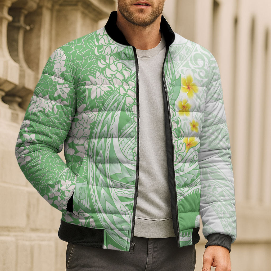 Green Hawaii Shark Tattoo Bomber Puffer Jacket Puakenikeni Lei Plumeria Polynesian Pattern
