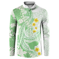 Green Hawaii Shark Tattoo Button Sweatshirt Puakenikeni Lei Plumeria Polynesian Pattern