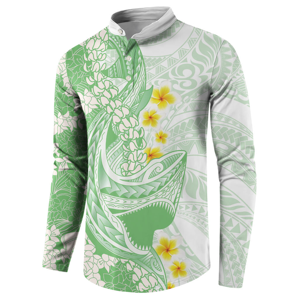 Green Hawaii Shark Tattoo Button Sweatshirt Puakenikeni Lei Plumeria Polynesian Pattern