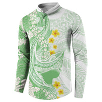 Green Hawaii Shark Tattoo Button Sweatshirt Puakenikeni Lei Plumeria Polynesian Pattern