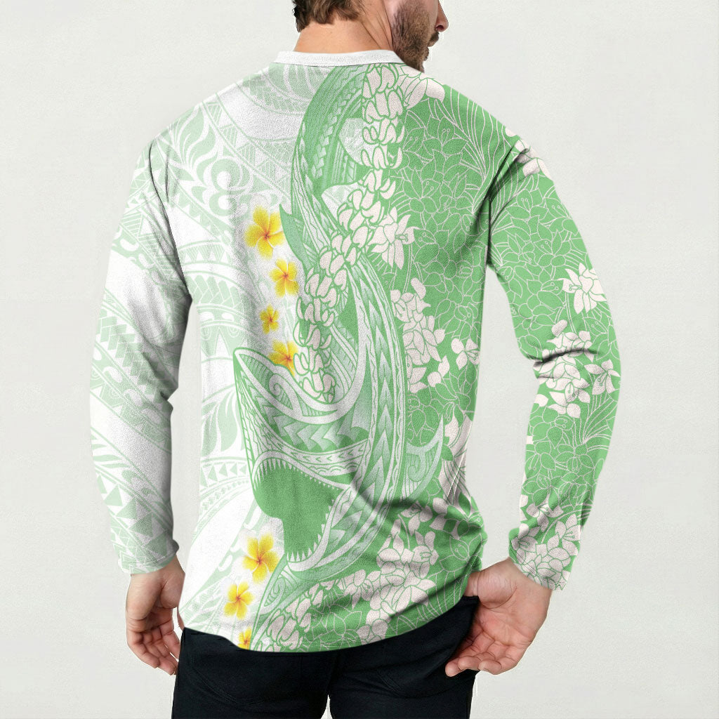 Green Hawaii Shark Tattoo Button Sweatshirt Puakenikeni Lei Plumeria Polynesian Pattern