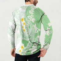 Green Hawaii Shark Tattoo Button Sweatshirt Puakenikeni Lei Plumeria Polynesian Pattern