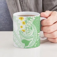 Green Hawaii Shark Tattoo Ceramic Mug Puakenikeni Lei Plumeria Polynesian Pattern