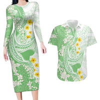 Green Hawaii Shark Tattoo Couples Matching Long Sleeve Bodycon Dress and Hawaiian Shirt Puakenikeni Lei Plumeria Polynesian Pattern