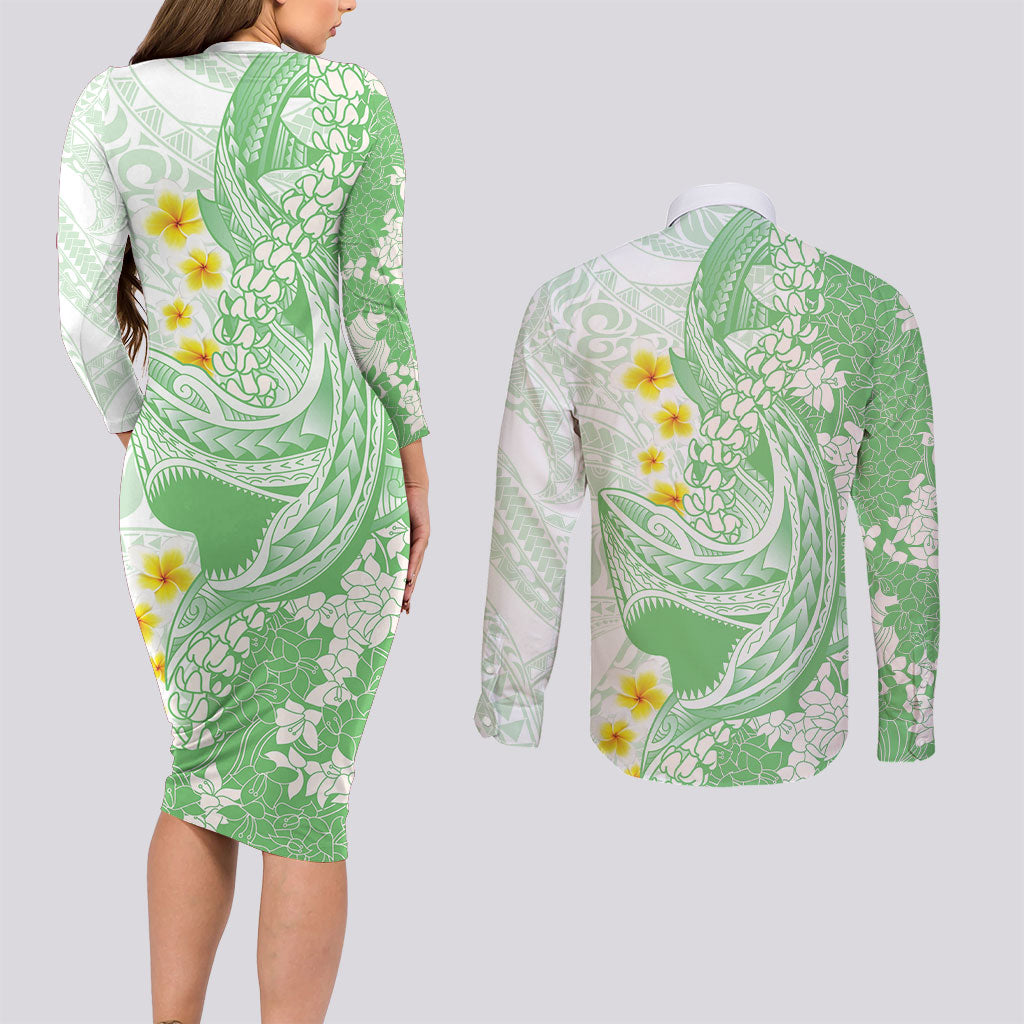 Green Hawaii Shark Tattoo Couples Matching Long Sleeve Bodycon Dress and Long Sleeve Button Shirt Puakenikeni Lei Plumeria Polynesian Pattern