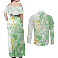 Green Hawaii Shark Tattoo Couples Matching Off Shoulder Maxi Dress and Long Sleeve Button Shirt Puakenikeni Lei Plumeria Polynesian Pattern LT14 - Polynesian Pride