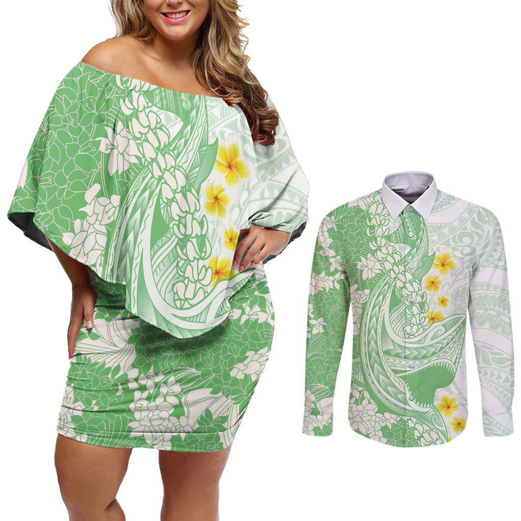 Green Hawaii Shark Tattoo Couples Matching Off Shoulder Short Dress and Long Sleeve Button Shirt Puakenikeni Lei Plumeria Polynesian Pattern