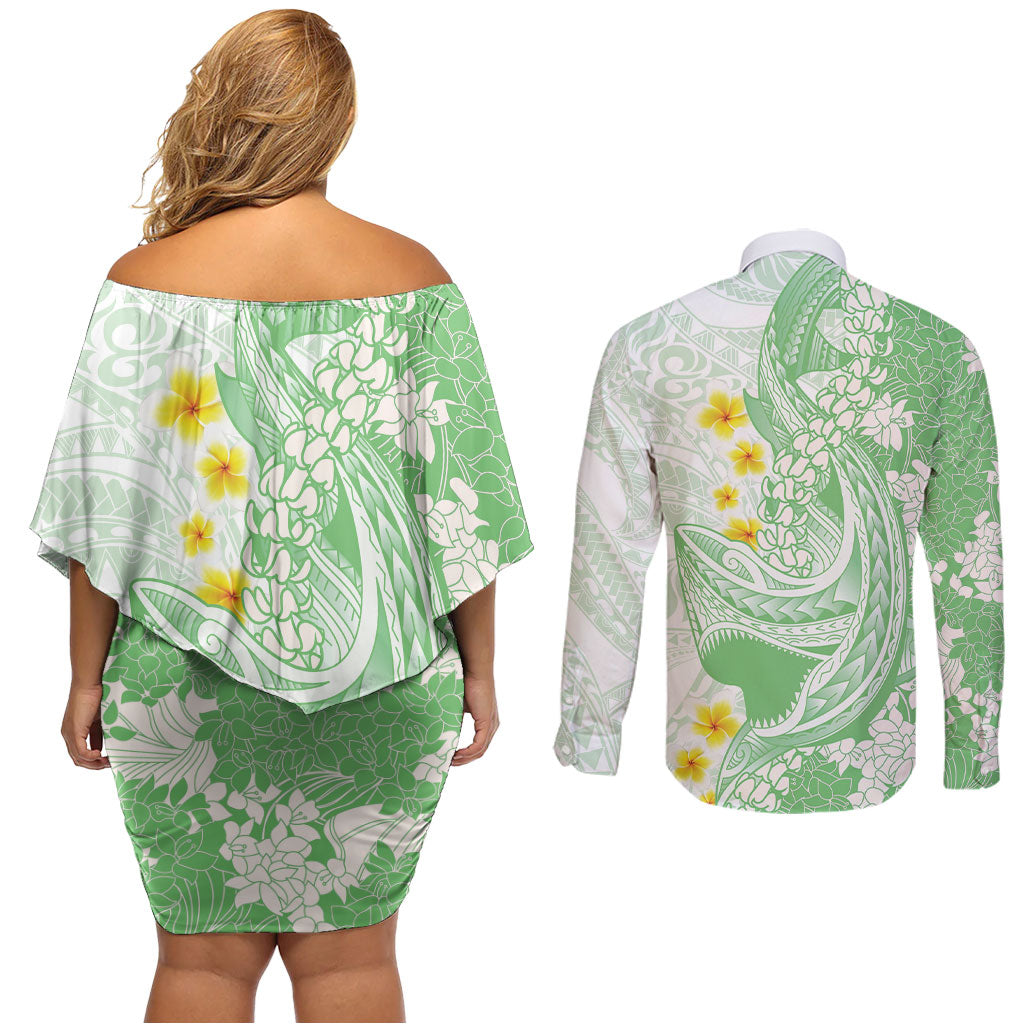 Green Hawaii Shark Tattoo Couples Matching Off Shoulder Short Dress and Long Sleeve Button Shirt Puakenikeni Lei Plumeria Polynesian Pattern LT14 - Polynesian Pride