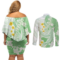 Green Hawaii Shark Tattoo Couples Matching Off Shoulder Short Dress and Long Sleeve Button Shirt Puakenikeni Lei Plumeria Polynesian Pattern LT14 - Polynesian Pride