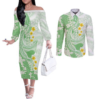 Green Hawaii Shark Tattoo Couples Matching Off The Shoulder Long Sleeve Dress and Long Sleeve Button Shirt Puakenikeni Lei Plumeria Polynesian Pattern