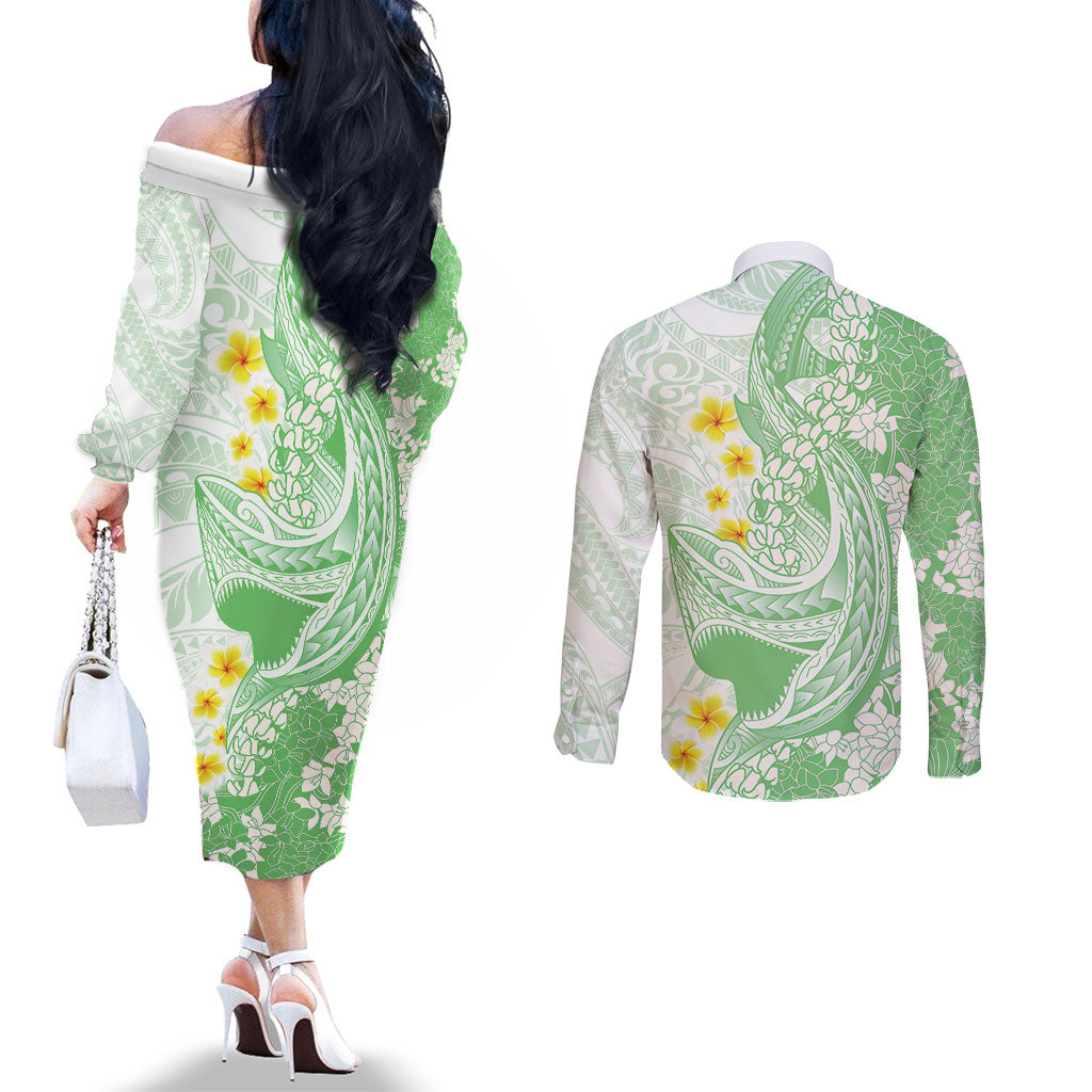Green Hawaii Shark Tattoo Couples Matching Off The Shoulder Long Sleeve Dress and Long Sleeve Button Shirt Puakenikeni Lei Plumeria Polynesian Pattern