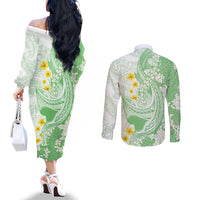 Green Hawaii Shark Tattoo Couples Matching Off The Shoulder Long Sleeve Dress and Long Sleeve Button Shirt Puakenikeni Lei Plumeria Polynesian Pattern