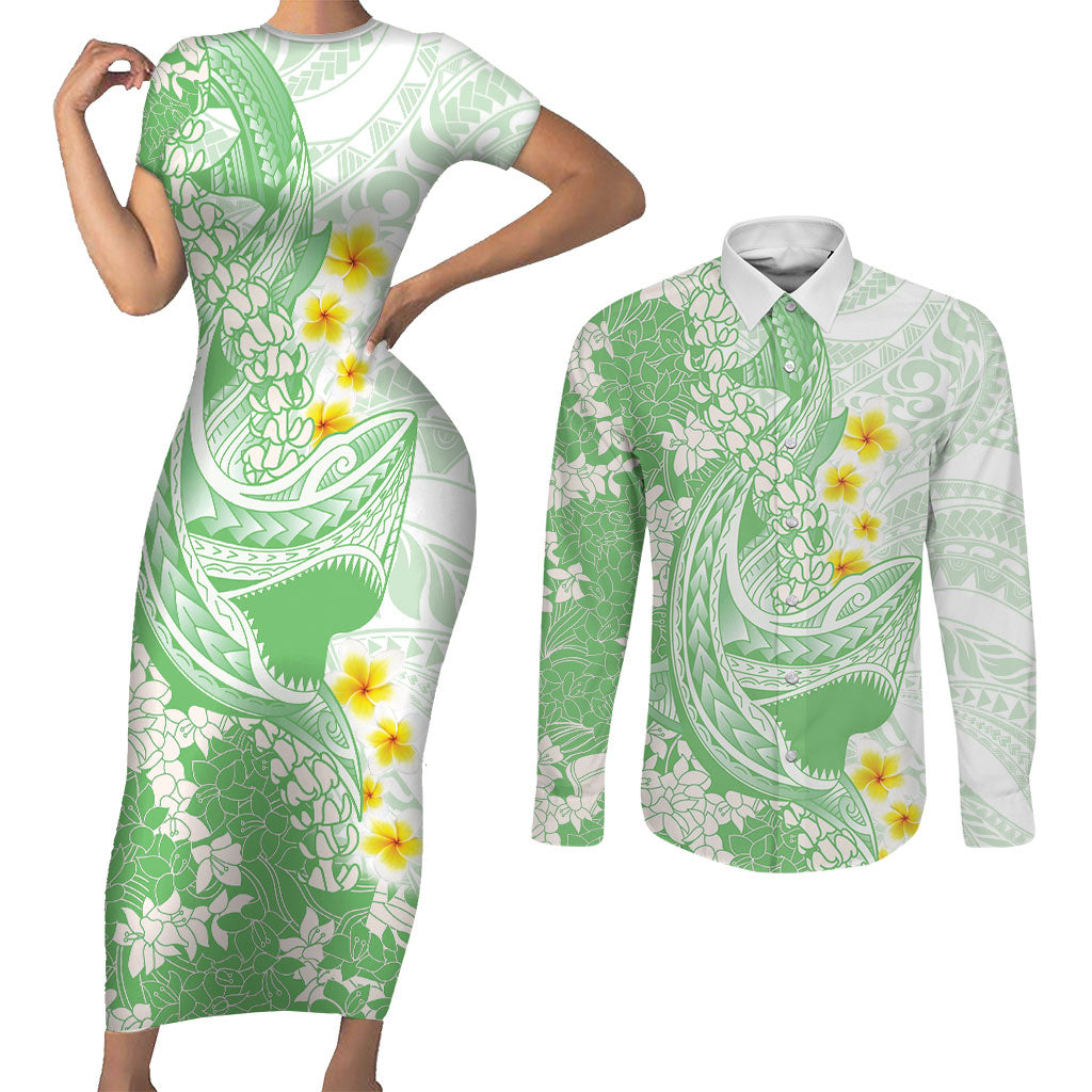 Green Hawaii Shark Tattoo Couples Matching Short Sleeve Bodycon Dress and Long Sleeve Button Shirt Puakenikeni Lei Plumeria Polynesian Pattern