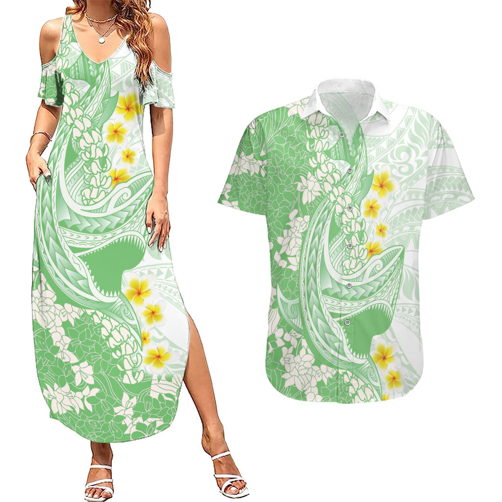 Green Hawaii Shark Tattoo Couples Matching Summer Maxi Dress and Hawaiian Shirt Puakenikeni Lei Plumeria Polynesian Pattern LT14 Green - Polynesian Pride
