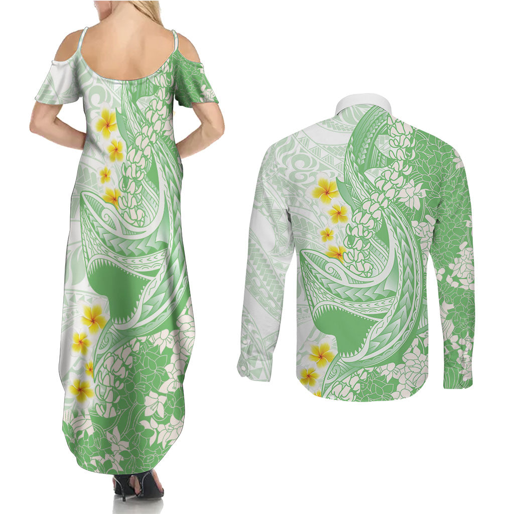 Green Hawaii Shark Tattoo Couples Matching Summer Maxi Dress and Long Sleeve Button Shirt Puakenikeni Lei Plumeria Polynesian Pattern LT14 - Polynesian Pride