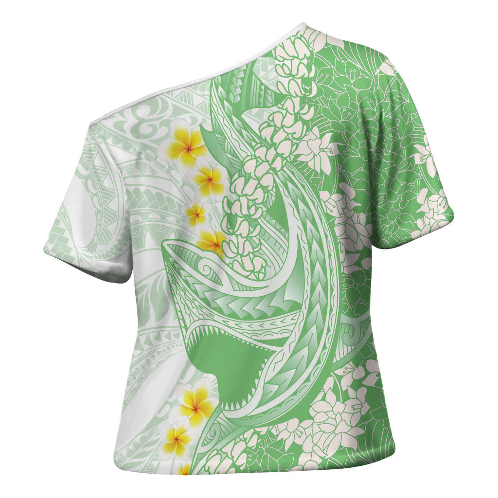 Green Hawaii Shark Tattoo Cross Shoulder Shirt Puakenikeni Lei Plumeria Polynesian Pattern