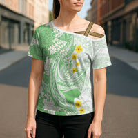 Green Hawaii Shark Tattoo Cross Shoulder Shirt Puakenikeni Lei Plumeria Polynesian Pattern