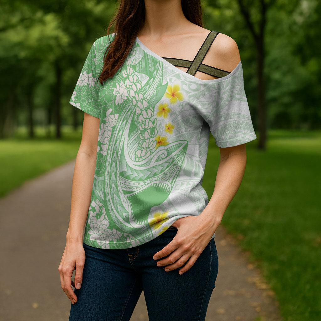 Green Hawaii Shark Tattoo Cross Shoulder Shirt Puakenikeni Lei Plumeria Polynesian Pattern