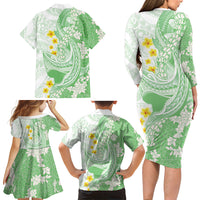 Green Hawaii Shark Tattoo Family Matching Long Sleeve Bodycon Dress and Hawaiian Shirt Puakenikeni Lei Plumeria Polynesian Pattern LT14 - Polynesian Pride