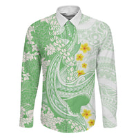 Green Hawaii Shark Tattoo Family Matching Long Sleeve Bodycon Dress and Hawaiian Shirt Puakenikeni Lei Plumeria Polynesian Pattern LT14 Dad's Shirt - Long Sleeve Green - Polynesian Pride
