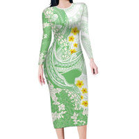 Green Hawaii Shark Tattoo Family Matching Long Sleeve Bodycon Dress and Hawaiian Shirt Puakenikeni Lei Plumeria Polynesian Pattern LT14 Mom's Dress Green - Polynesian Pride