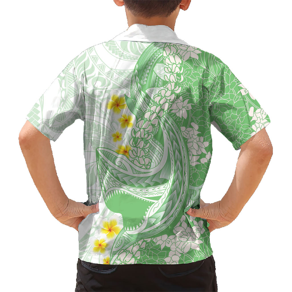 Green Hawaii Shark Tattoo Family Matching Off The Shoulder Long Sleeve Dress and Hawaiian Shirt Puakenikeni Lei Plumeria Polynesian Pattern LT14 - Polynesian Pride