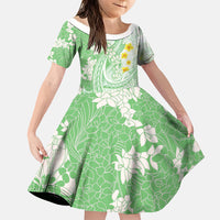 Green Hawaii Shark Tattoo Family Matching Off The Shoulder Long Sleeve Dress and Hawaiian Shirt Puakenikeni Lei Plumeria Polynesian Pattern LT14 Daughter's Dress Green - Polynesian Pride